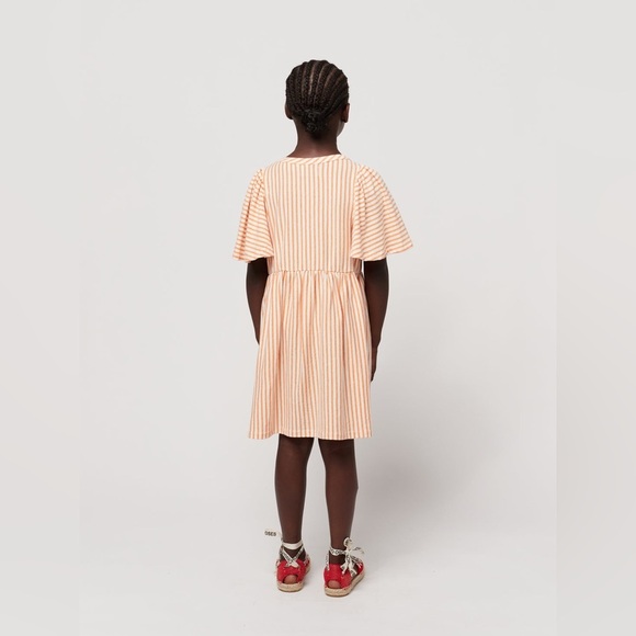 Bobo Choses, Girl’s Orange Vertical Stripes Ruffle Sleeves Dress - Picture 3 of 9